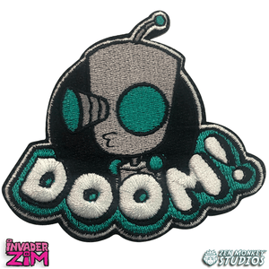 An embroidered patch featuring Gir from Invader Zim in his singing pose, ready to be sewn onto fabric.